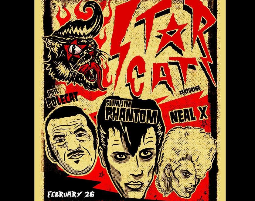 Comic-book style heads of the three members of Starcat next to the band's logo