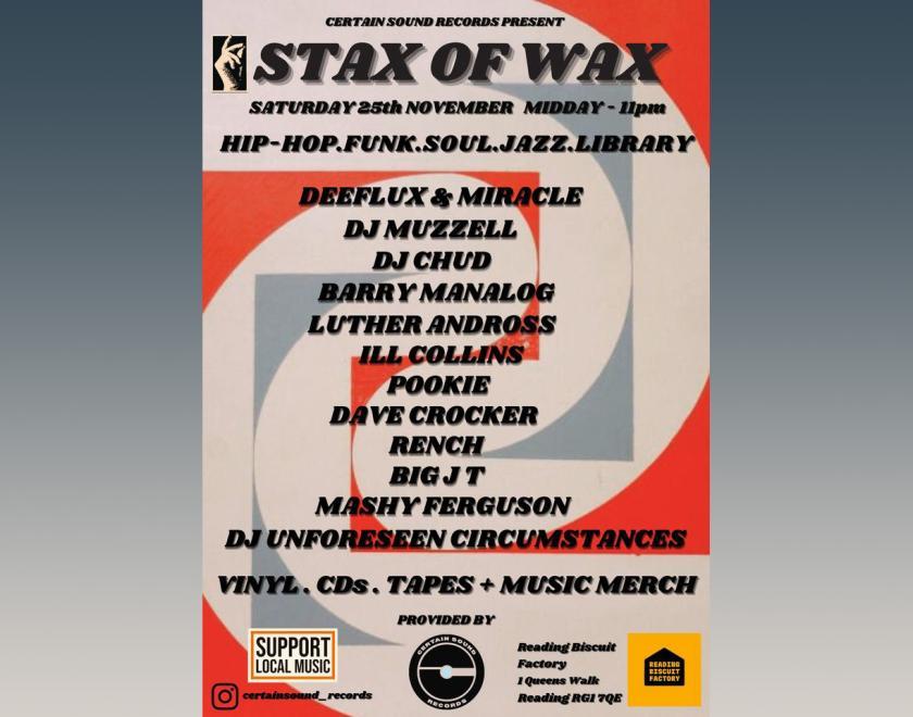 Stax of Wax poster with a list of DJ names