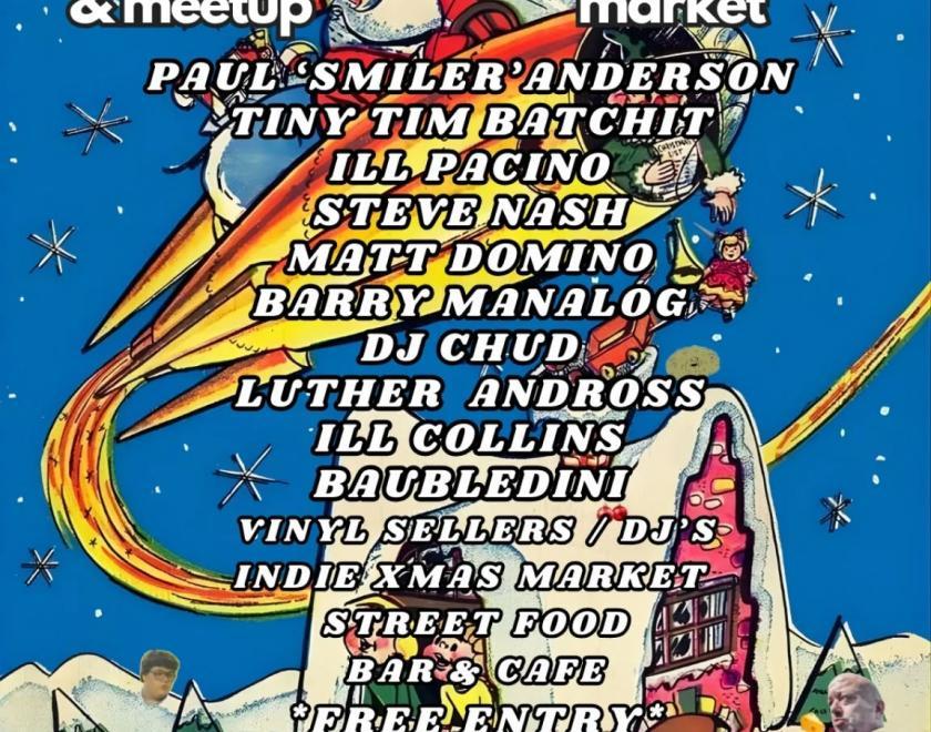 Image of Santa flying over a house, with names of DJs listed on it