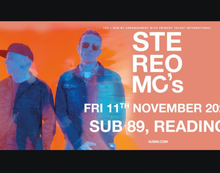 Poster for Stereo MCs featuring the two band members on an orange background