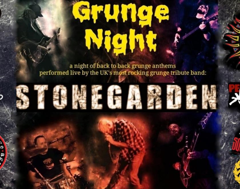 Poster featuring band Stonegarden on stage and logos of various grunge bands