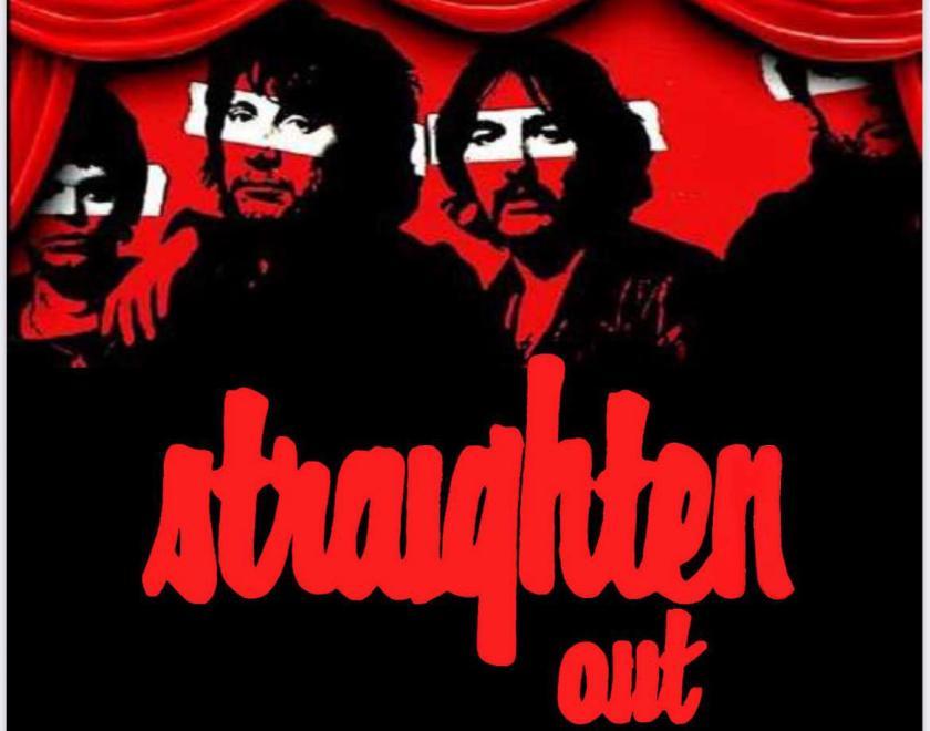 Poster for Stranglers tribute band Straighten Out with red-and-black monochrome images of the Stranglers