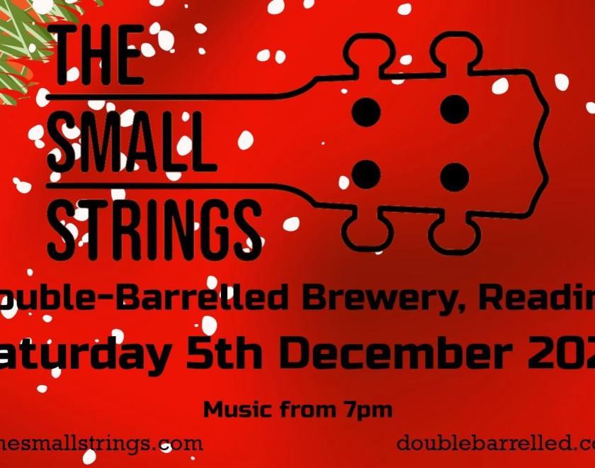 The Small Strings logo against a red and green festive background