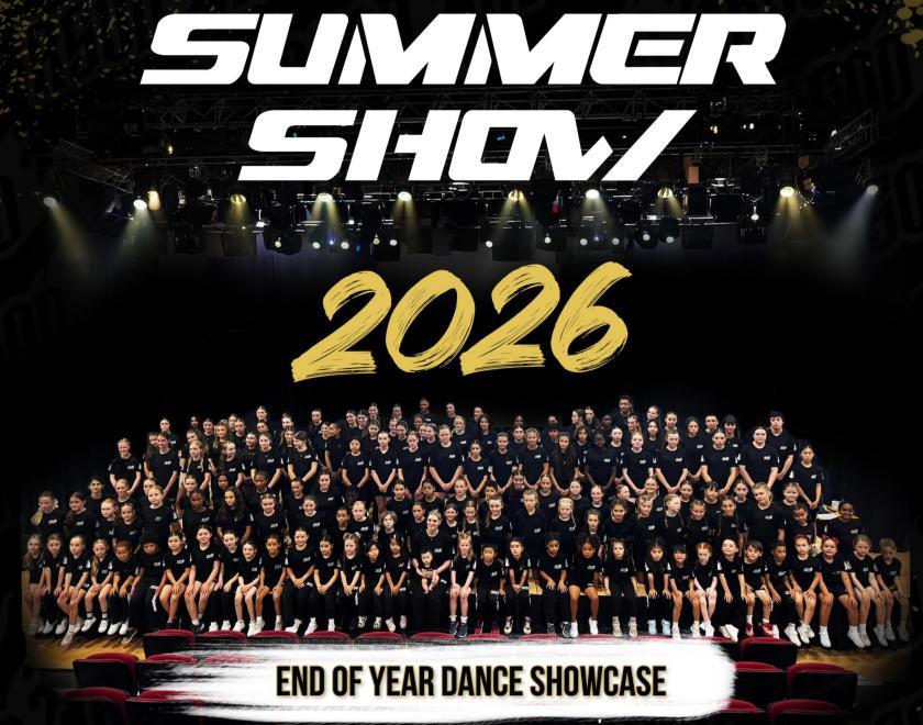 Reading School Of Dance Summer Show 2026 logo and a big class image of all the dancers