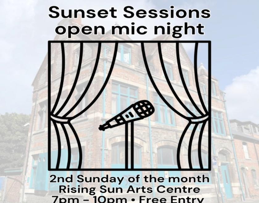 Drawn image of a mic and stage-style curtains superimposed of a faded image of the Rising Sun Arts Centre