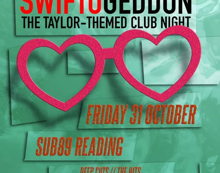 Poster for Swiftogeddon with a pair of pink heart-shaped glasses against a green background