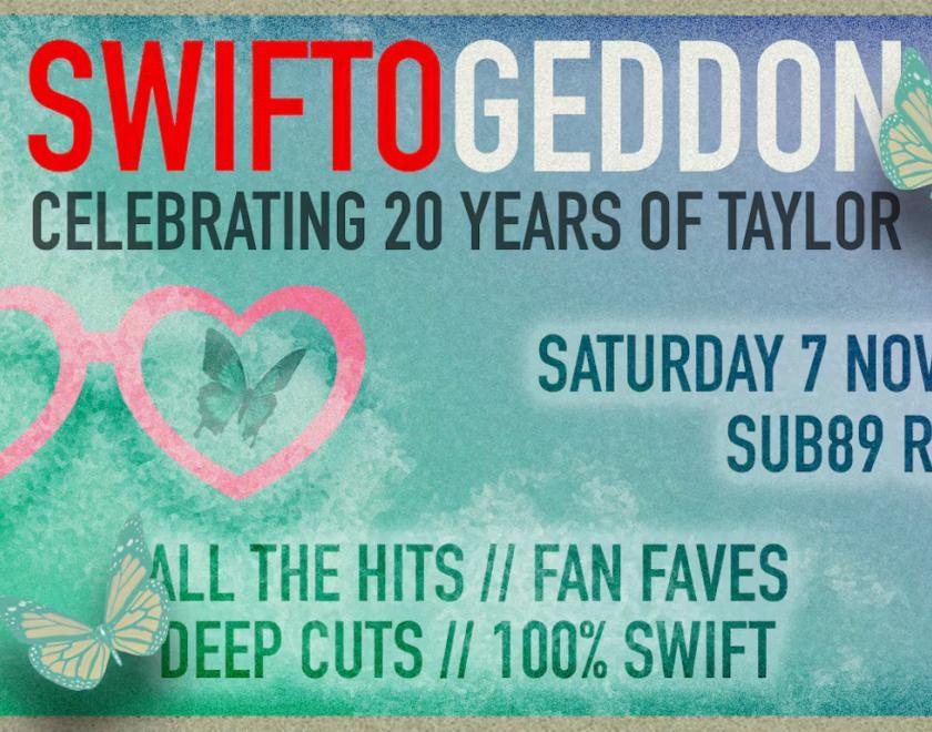 Poster for Swiftogeddon with a pair of pink heart-shaped glasses against a green background