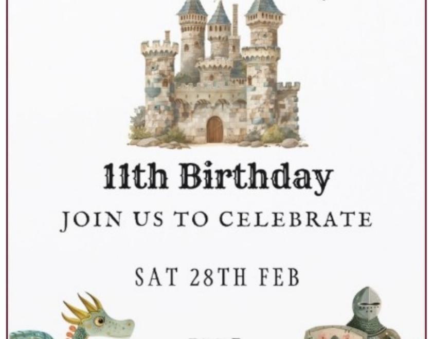 Poster for Castle Tap 11th Birthday event with artwork of a castle, dragon and knight and the words "beer, cake, live music"