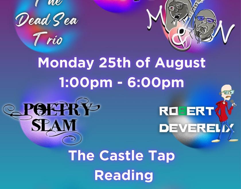 Poster for open mic showcase with logos for each of the acts performing