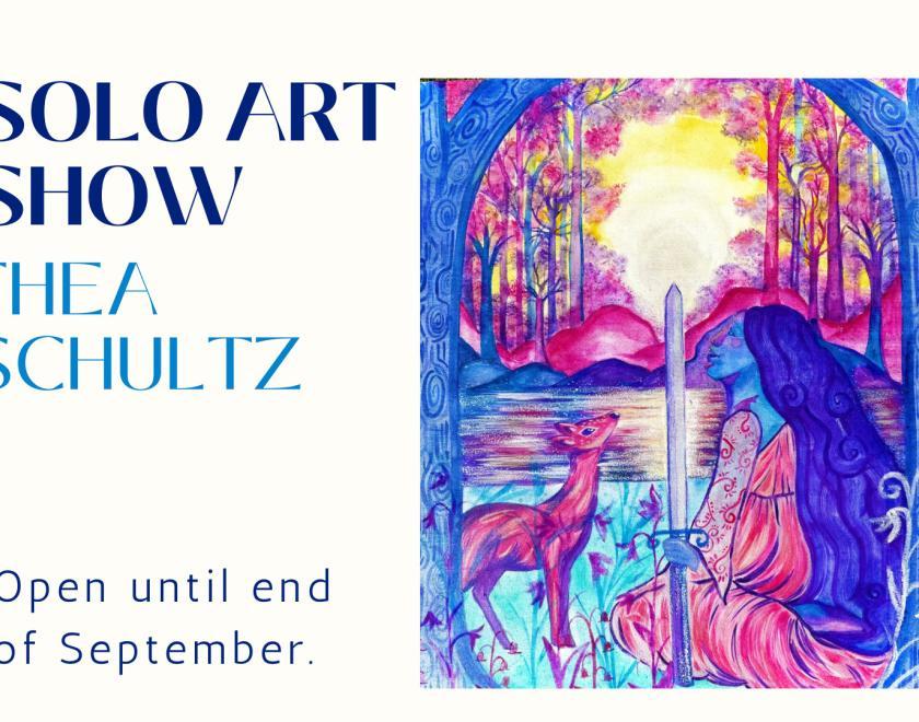 Event poster with an image of a purple-tinged painting of a woman with a sword by a lake