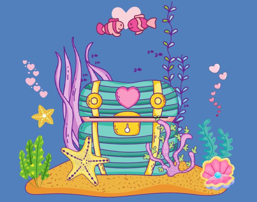 Artwork of a treasure chest at the bottom of the sea