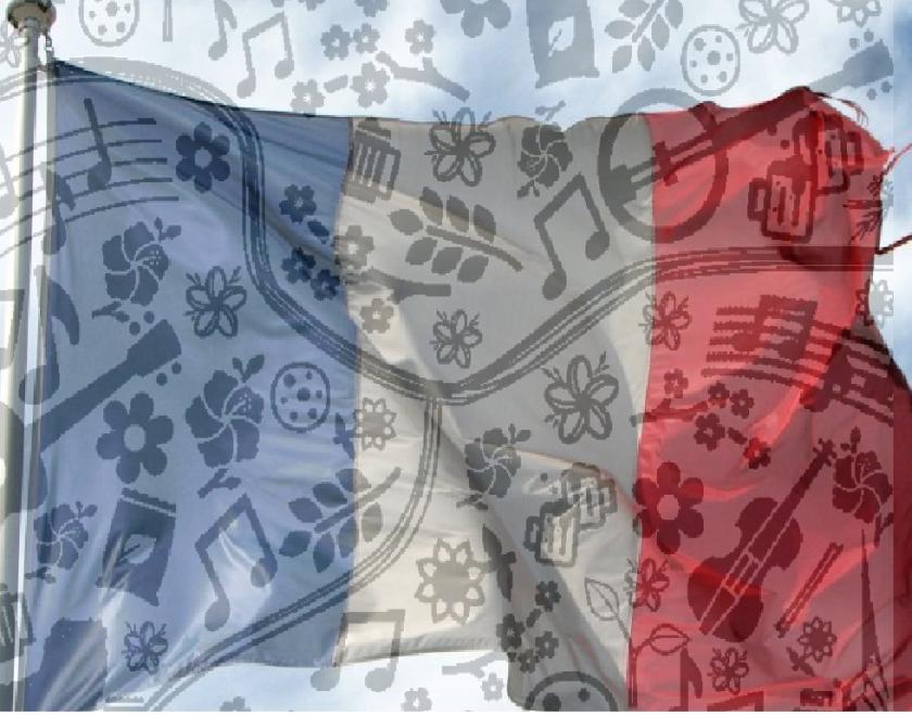 Image of the French Tricolore. The sky is in the background and the flag is flying in the wind. Superimpoed over the image are shapes of musical instruments, notes and flowers.
