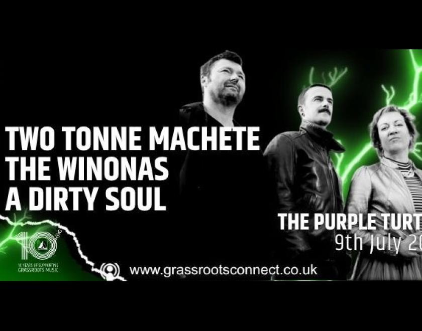 Event poster with monochrome images of four band members in a line looking up