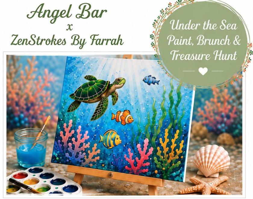 Painting of a turtle swimming in the sea, surrounded by painting and beach ephemera