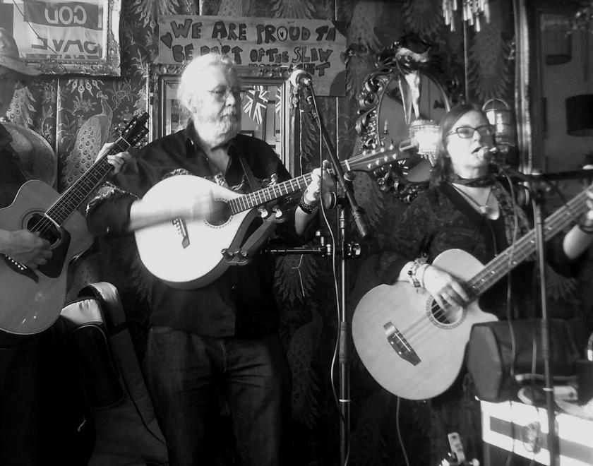 Three middle-aged folk musicians holding guitars