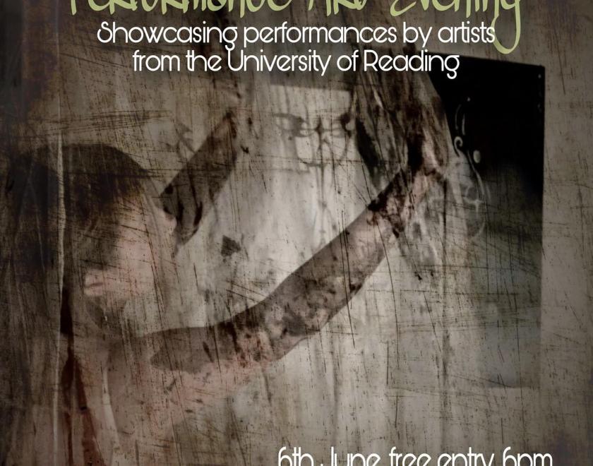 Poster for Performance Art Evening featuring an artist hanging some work. It's a brown monochrome style