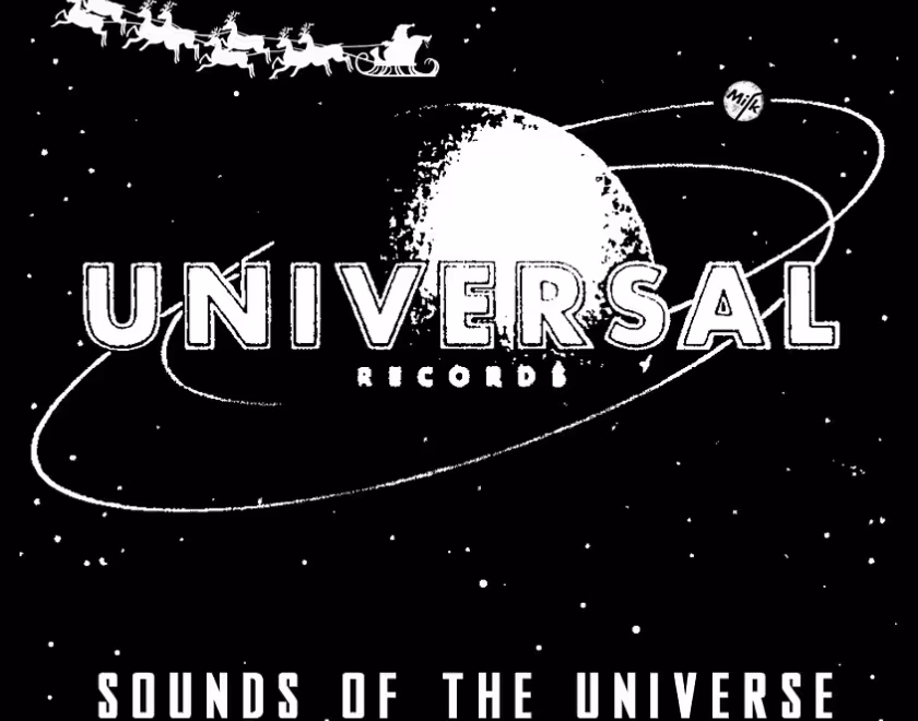 Poster with a high-contrast version of the Universal pictures logo of the Earth, but with Santa's sleigh flying past