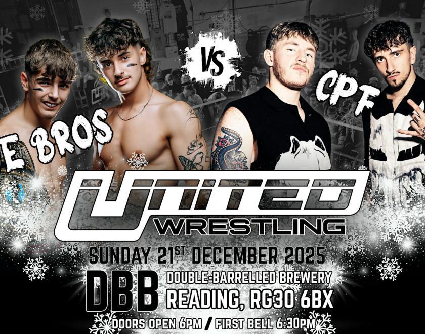 Poster featuring the United Wrestling and two teams of young male wrestlers