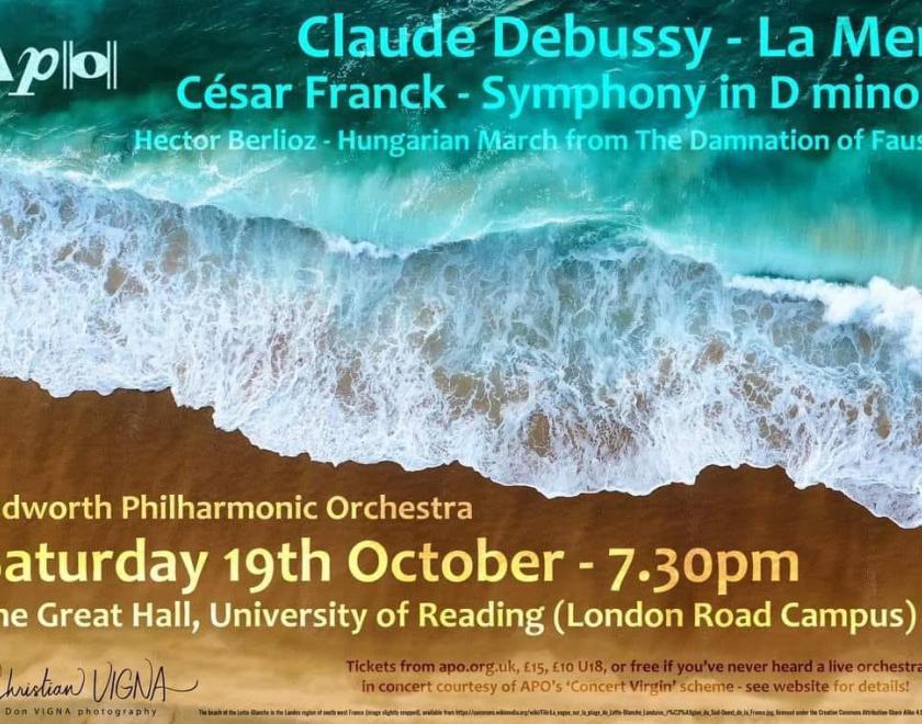 APO event poster with details, picture of seaside