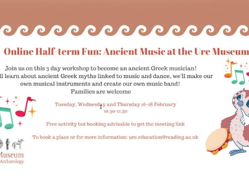 poster for half-term events at the Ure museum featuring musical notes and Greek patterns