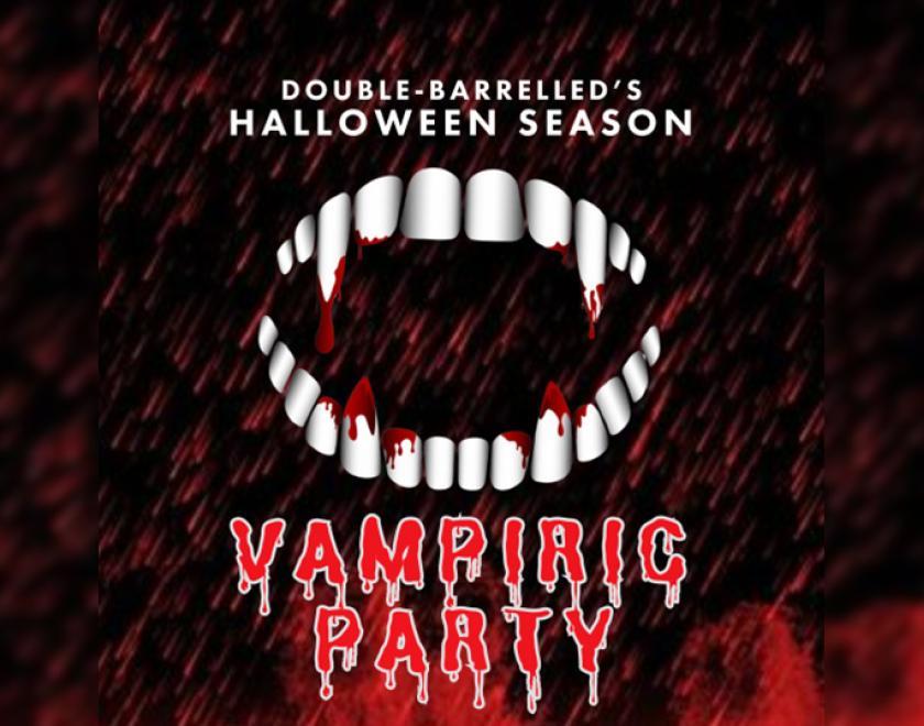 Vampiric Halloween Party poster with drawing of vampire teeth