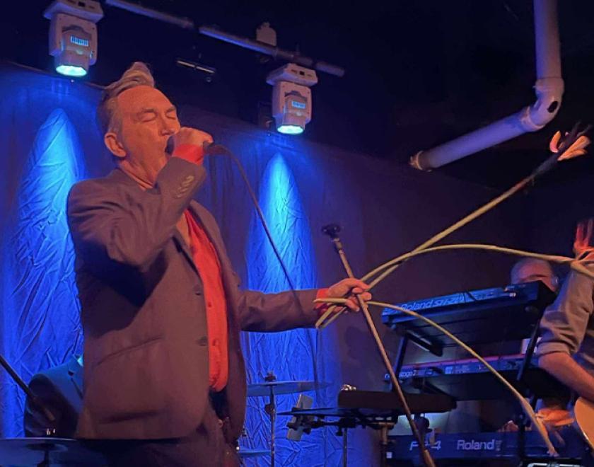 Morrissey tribute artist singing into a microphone and swinging flowers with the other hand