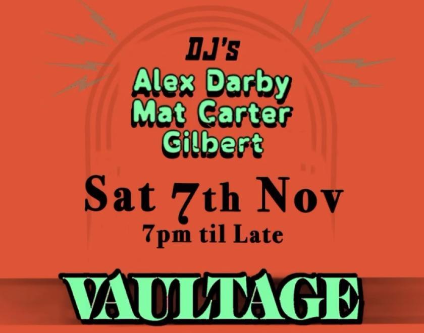 Event poster listing the DJs performing over the Vaultage logo
