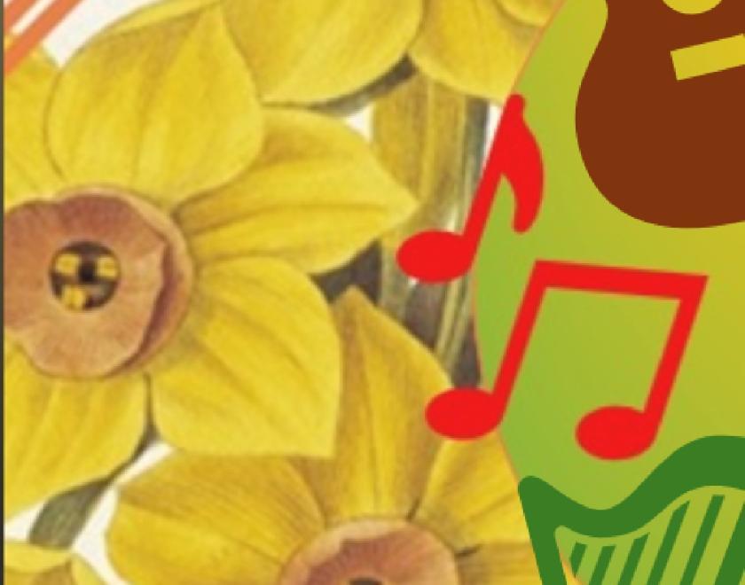 Bright image of daffodils with images of a guitar, musical notes and a harp