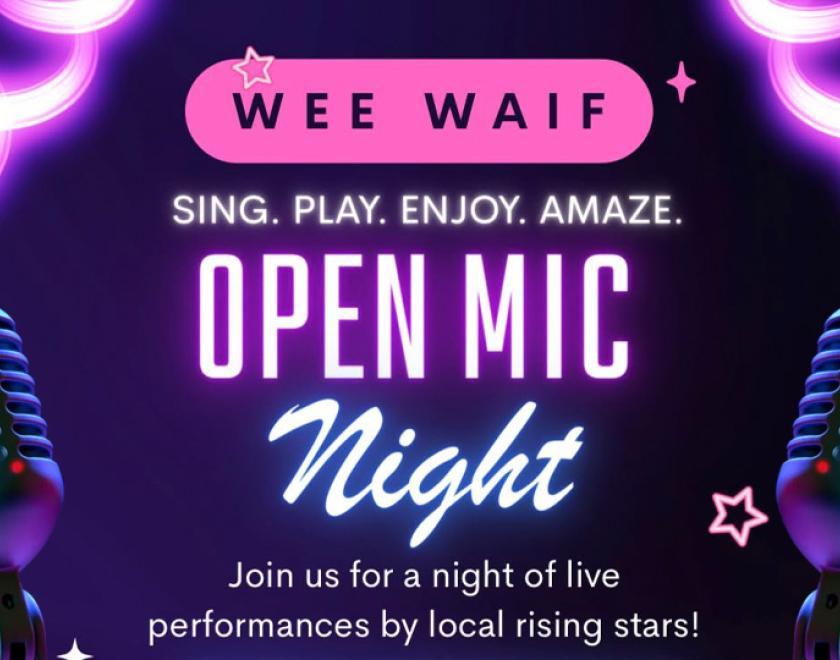 Poster for Open Mic at the Wee Waif with images of microphones