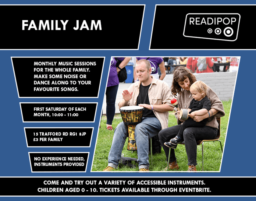 Family playing drums with their child, information (as seen below) regarding the event.