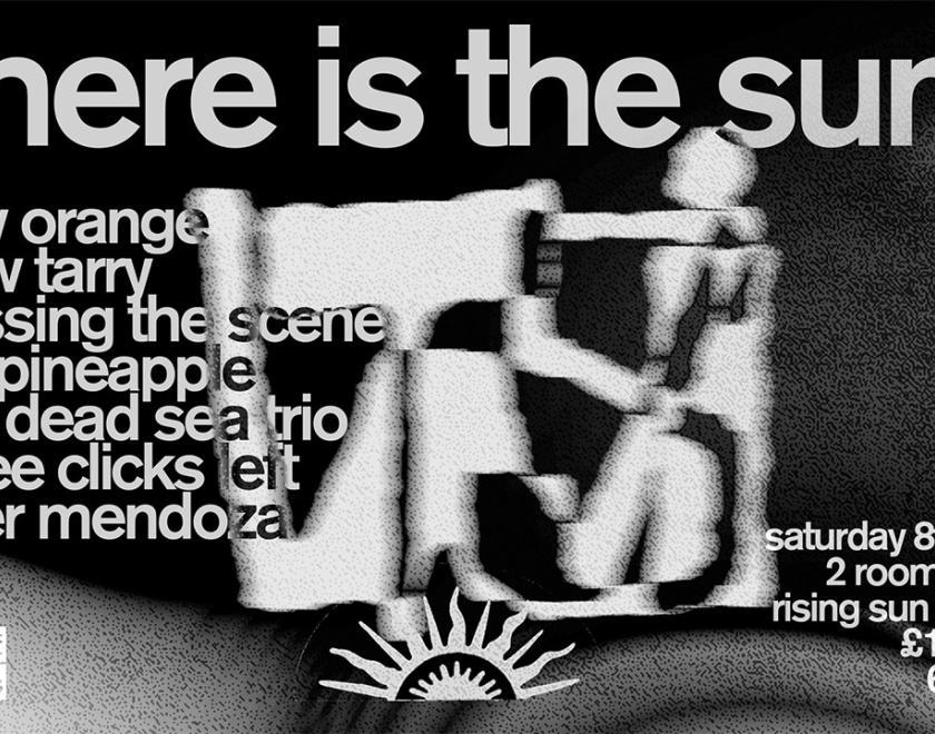 black and white poster for Where Is The Sun with an abstract image and a list of performers