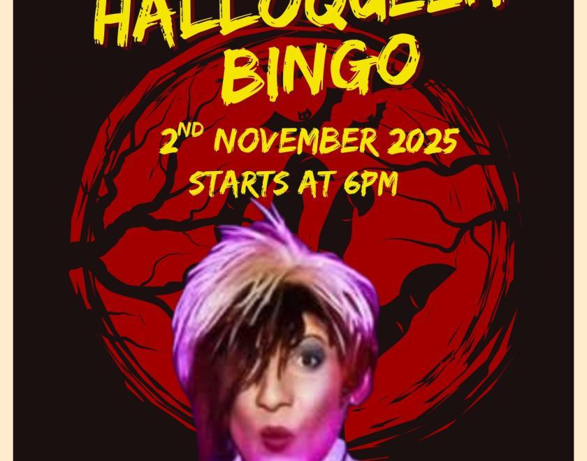 Poster featuring a drag queen dressed as a nun against a spooky red moon