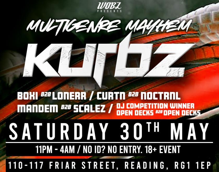 Poster with a logo for the act KURBZ and details about the event
