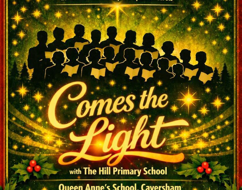AI-generated poster with artwork of a choir singing surrounded by Christmas decor