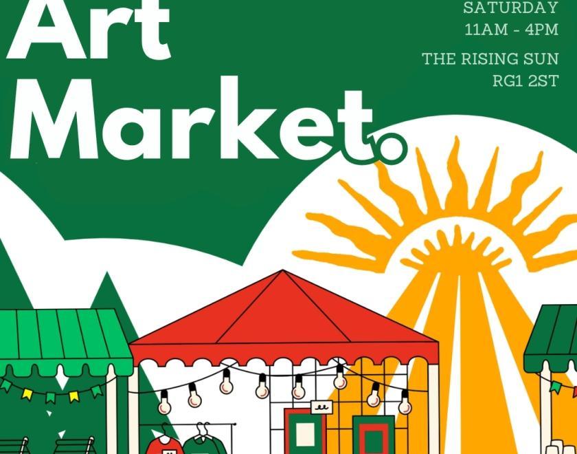 graphic of art market stalls with a stylised Rising Sun logo