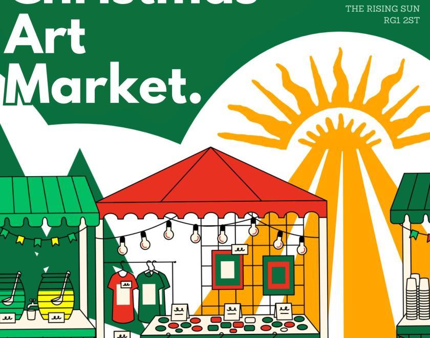 graphic of art market stalls with a stylised Rising Sun logo