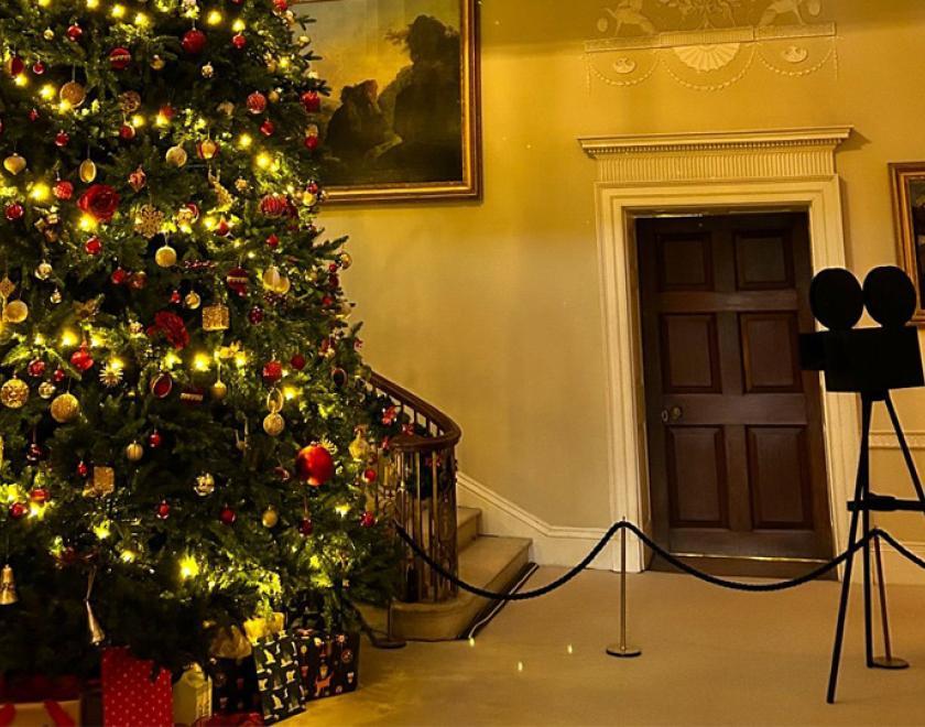 christmas tree with a model film camera pointing at it