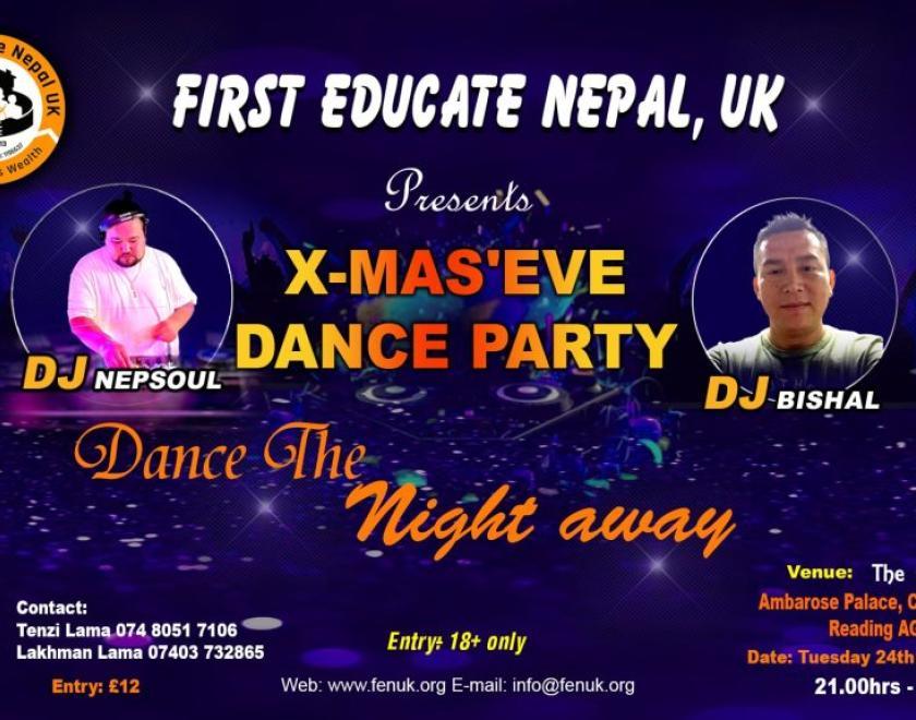 Poster for First Educate Nepal UK Christmas Eve Dance Party with headshots of the DJs appearing