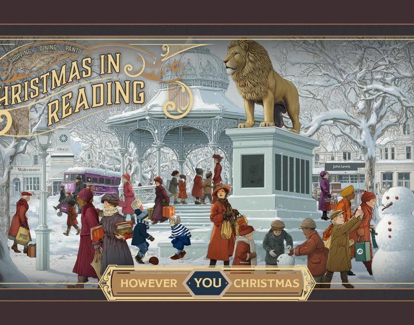 Artwork of a Christmas scene in Reading, with Victorian-style people walking around a snowy Forbury Gardens. The lion and bandstand are visible, as are various shops from Reading town centre. The geography is WAY off.