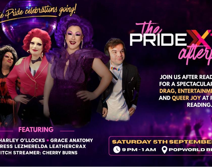 Event poster with a photo of three drag queens and a man in a tuxedo
