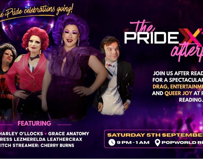 Event poster with a photo of three drag queens and a man in a tuxedo