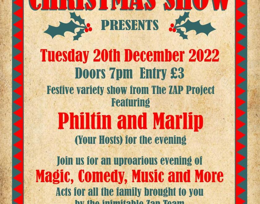 Poster for the Zap show detailing performers